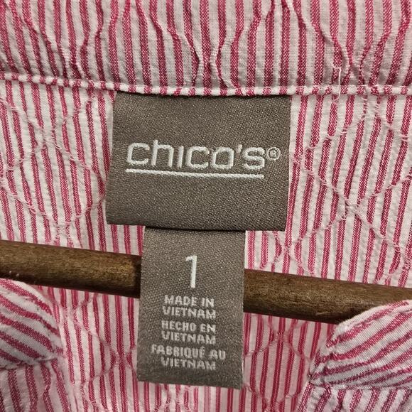 Chicos Shirt Women 1 Medium Pink Striped Popover Seersucker Textured Lemonia - Picture 3 of 12